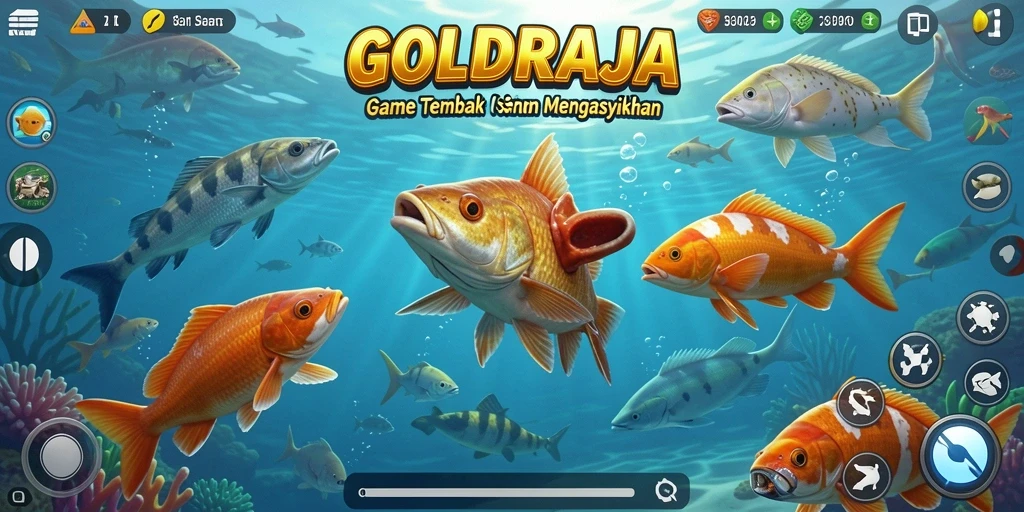 Tangkapan layar dari gameplay GOLDRAJA dengan aksi menembak ikan.